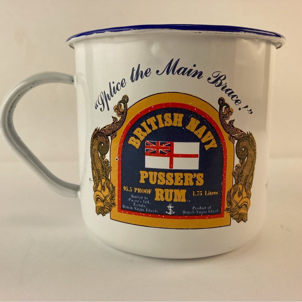 Vintage White Enamel Tin Cup British Navy Pussers Rum Enamelware Mug Rare